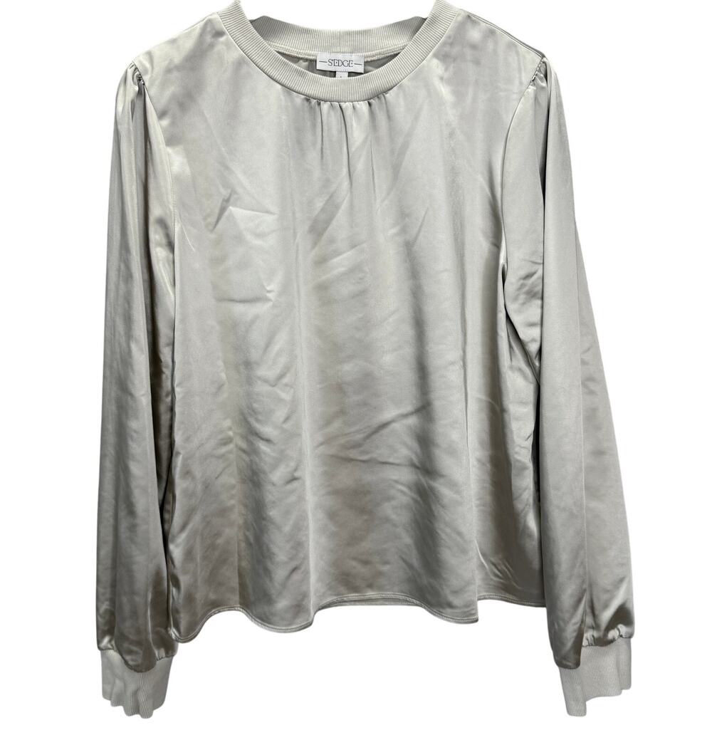 S'edge Womens Britt Blouse Top Size L Silver Gray Satin Silky Long Sleeve